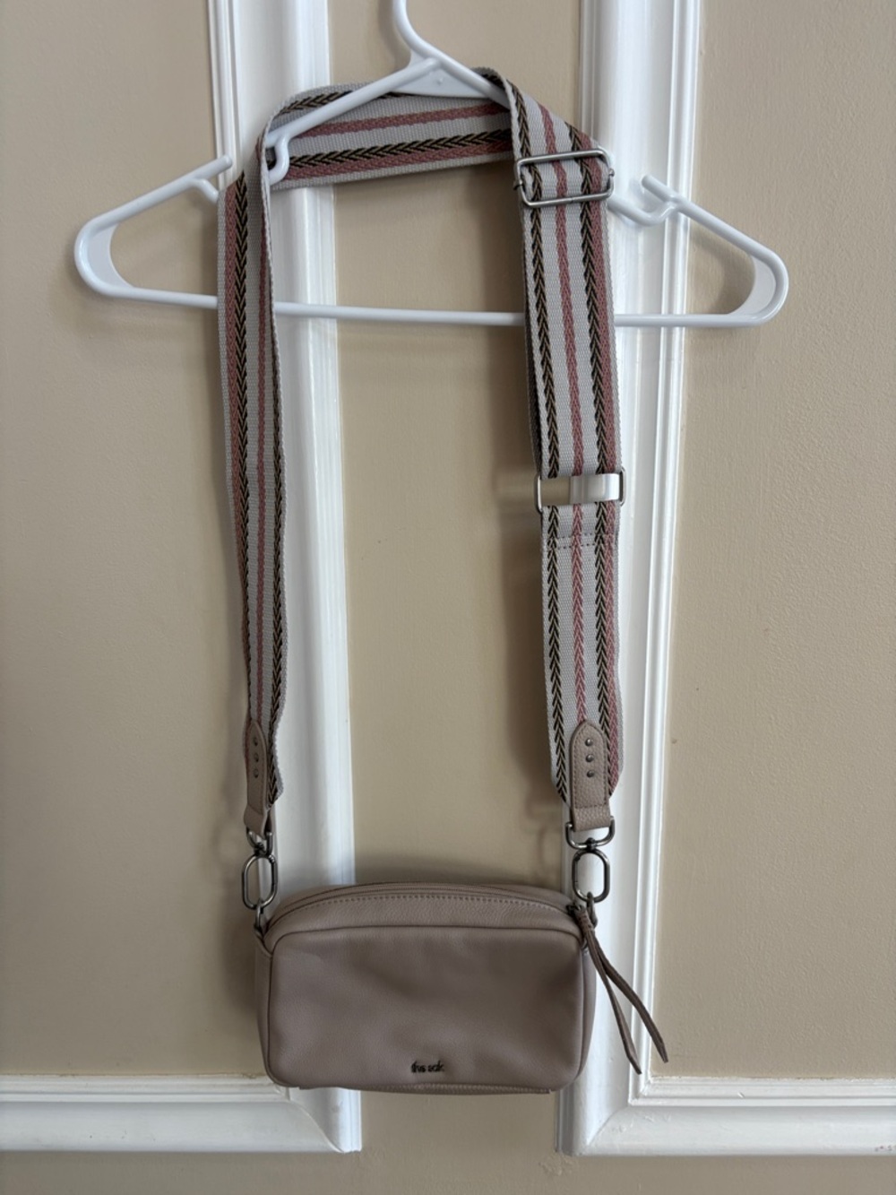 The Sak Taupe Crossbody with Pink-Striped Adjustable Strap